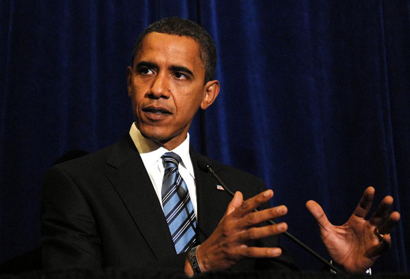 Barack Obama speaks at a press conference about the Wall Street bailout