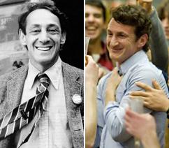 Left, Harvey Milk; right, Sean Penn who stars as Milk in a new film