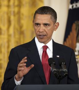President Obama speaking in the East Room of the White House