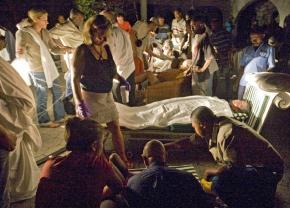 The makeshift "emergency room" in the driveway of the hotel where Jesse Hagopian and his family were staying in Port-au-Prince