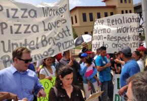 Striking workers and supporters gathered for a press conference at the Palermo's Pizza plant