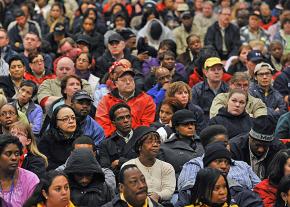 Grocery workers attend a union meeting on strategy in Landover, Maryland